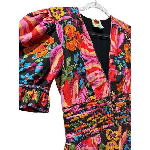 Farm Rio Vibrant Floral Print Bananas Deep V-Neck Puff Sleeve Mini Dress Small - Picture 5 of 9